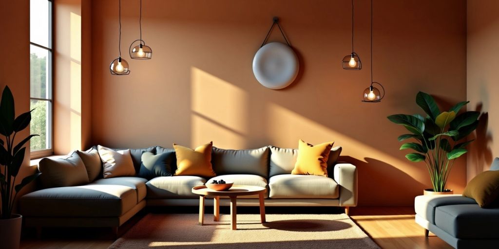 Cozy living room with stylish pendant lights.