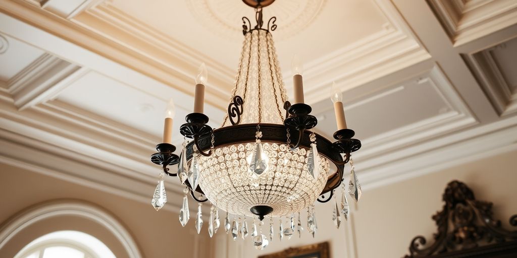 Restored vintage chandelier in elegant room