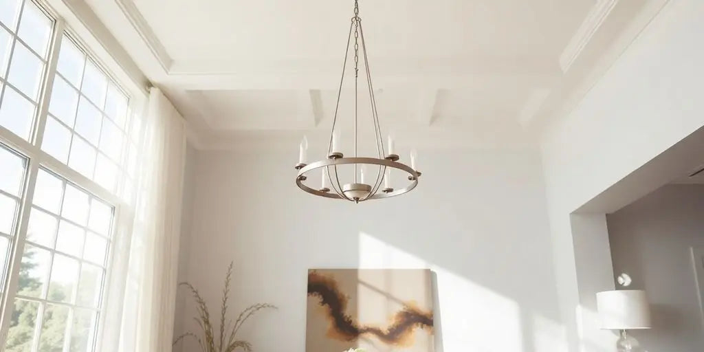 Minimalist chandelier in a modern, airy room.