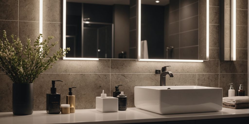 Sleek modern bathroom with elegant fixtures and decor.