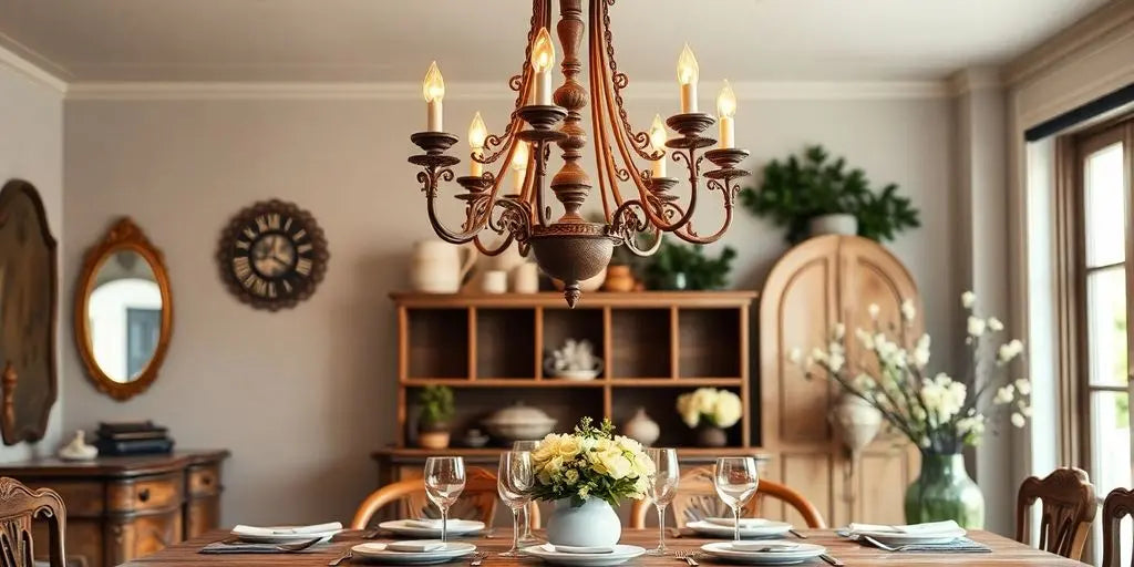 French country chandelier over a rustic dining table.