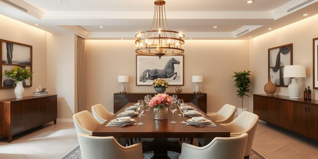 Modern chandelier in elegant dining room