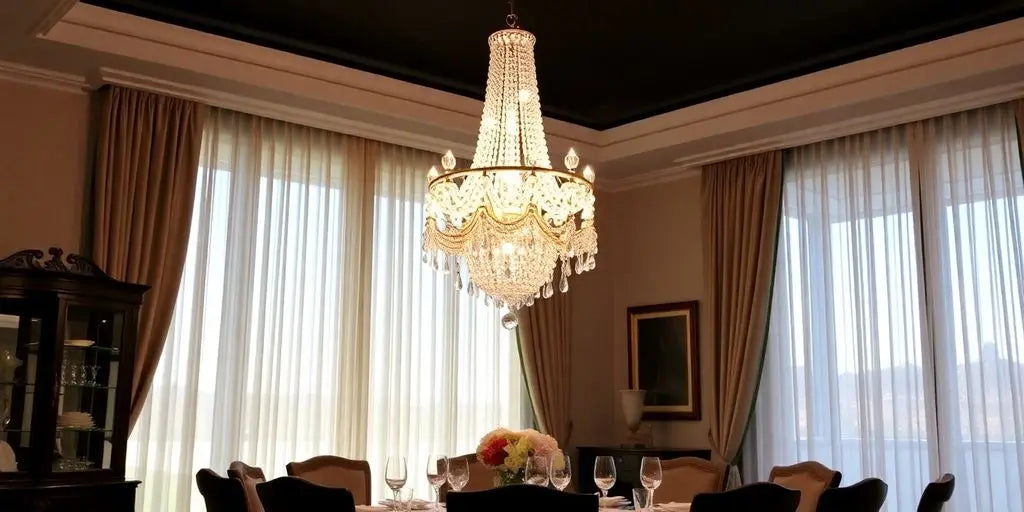 Elegant dining room with a crystal chandelier and decor.