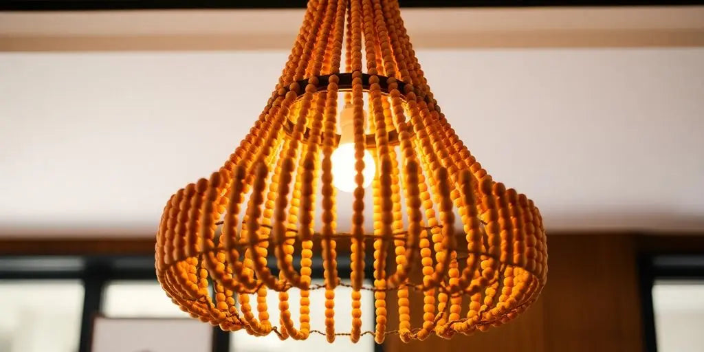 Wooden bead chandelier illuminating a cozy interior space.