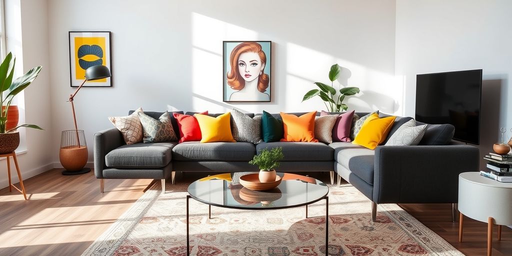 Modern living room with colorful cushions and trendy wall art