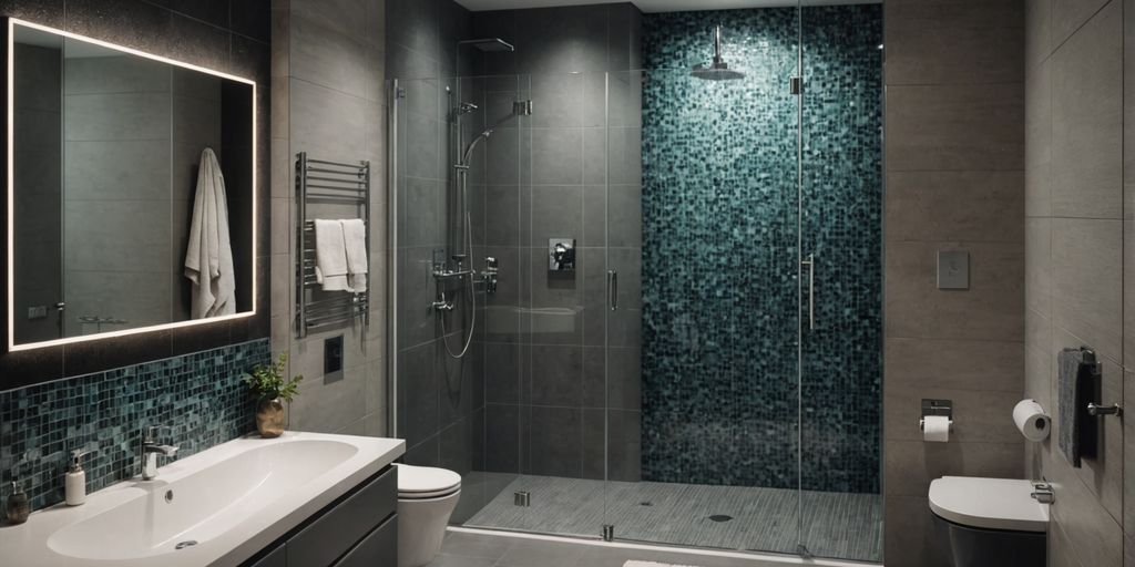 Stylish bathroom with modern shower tiles and glass door.