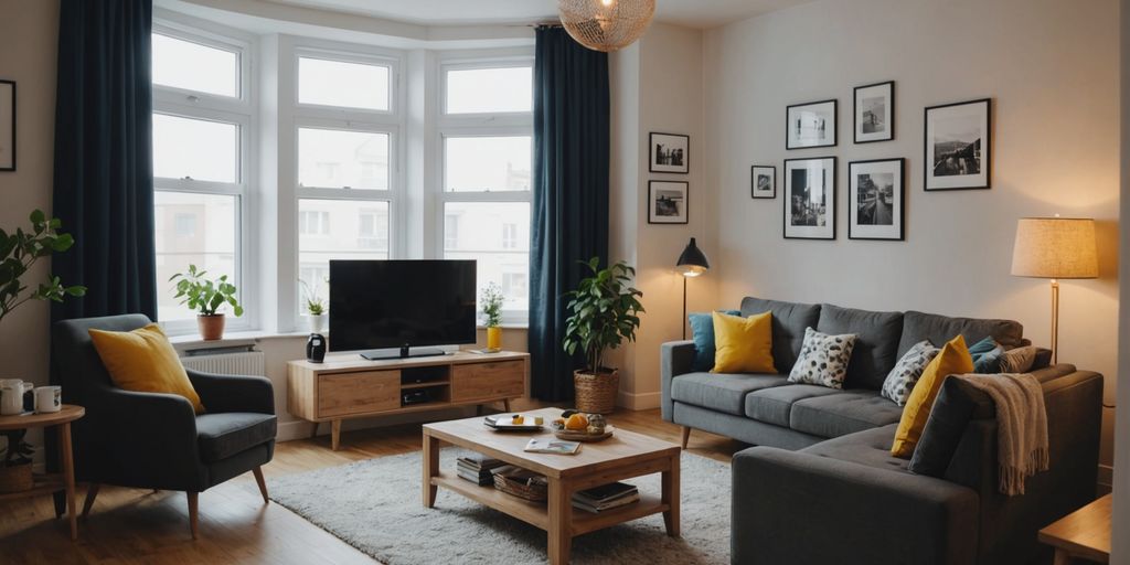 Small living room with multifunctional furniture and bright decor.