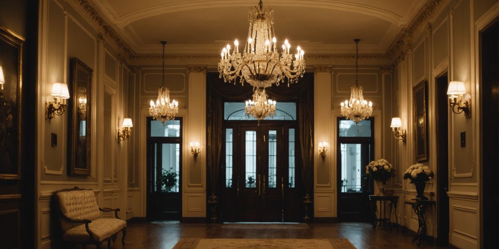 Chandeliers in a grand foyer and a cosy entryway.