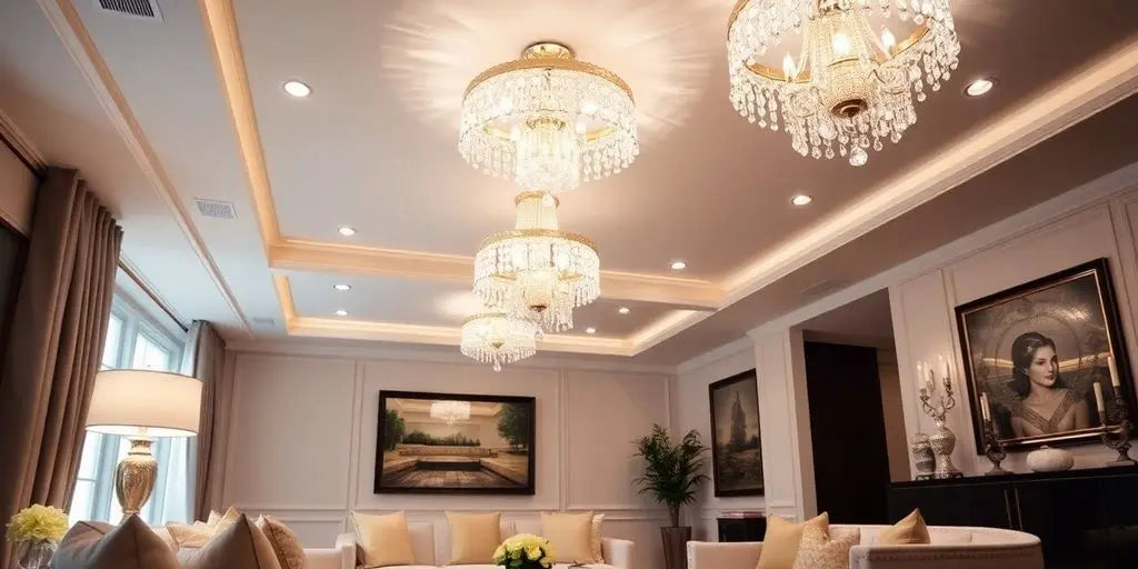 Elegant crystal ceiling lights in a stylish living room.