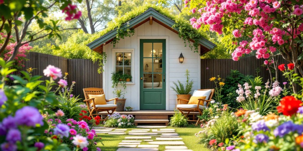 Cozy small garden house with bathroom and green surroundings.