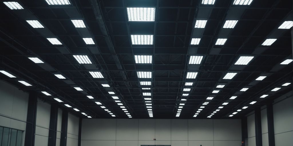 Industrial building interior with high lumen LED ceiling lights