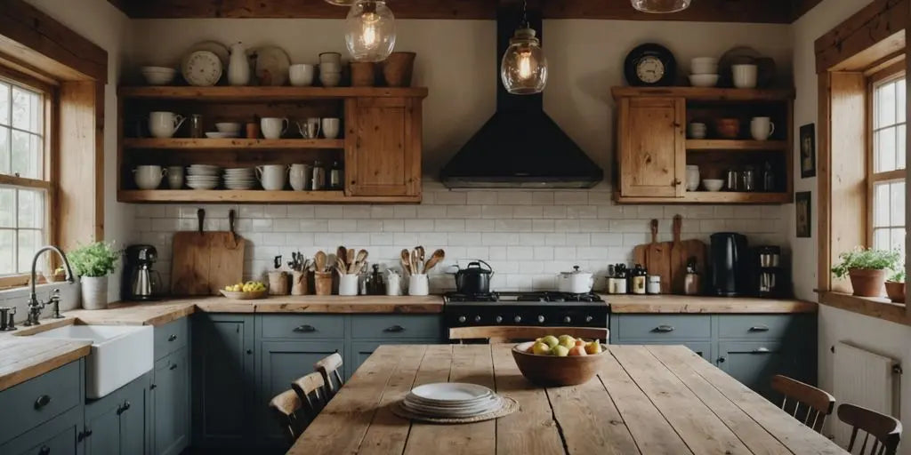 Farmhouse kitchen with rustic decor and wooden accents.