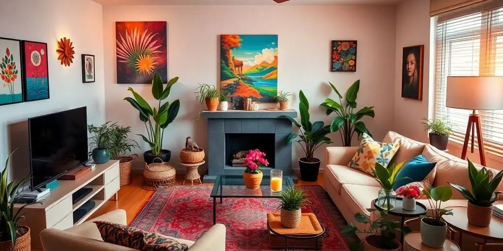 Vibrant home decor with colorful plants and stylish furniture.