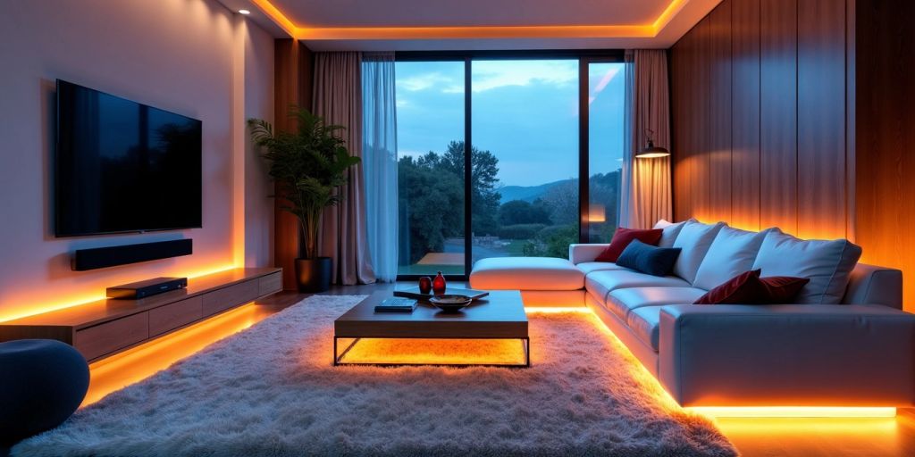 Modern living room with stylish LED lights