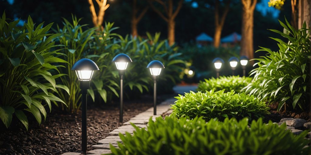 LED garden spot lights in a landscaped garden at night