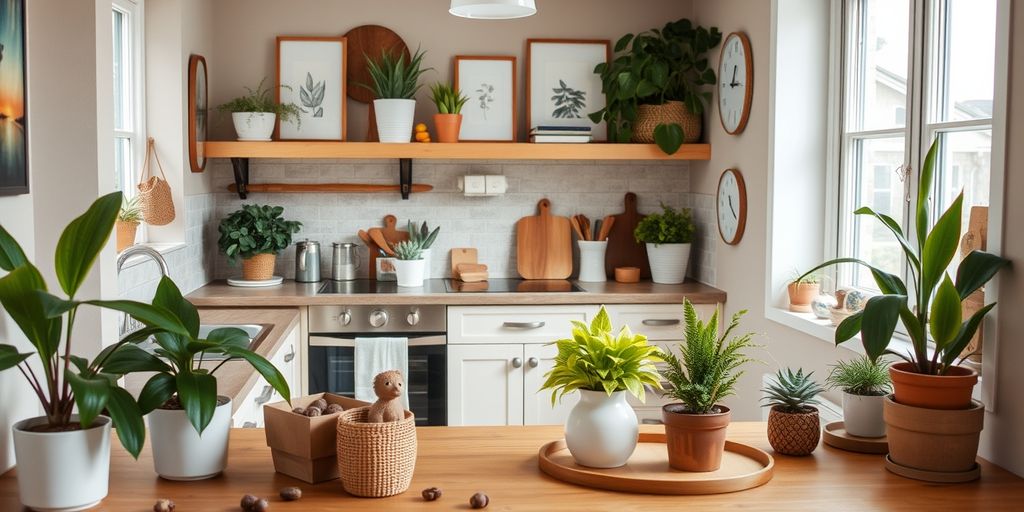 Stylish kitchen decor with plants and affordable accessories.