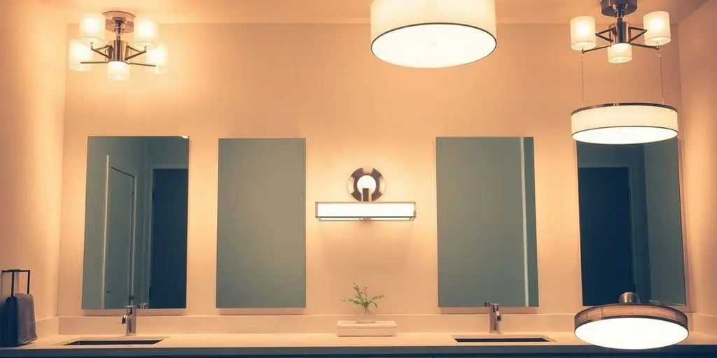 Bright bathroom with stylish light fixtures and modern decor.