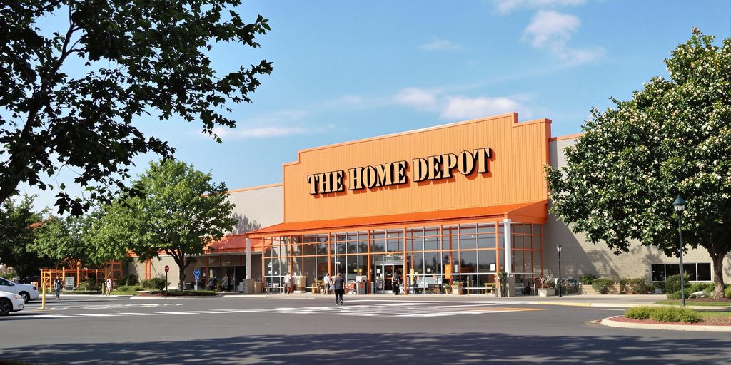 Home Depot store in a suburban neighborhood with trees.