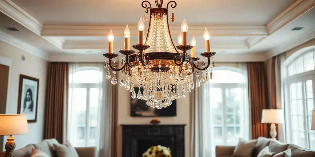 Elegant chandelier in a stylish living room setting.