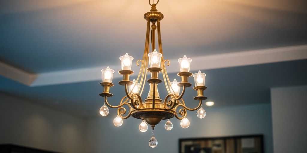 Chandelier lamp hanging from the ceiling in a modern room.