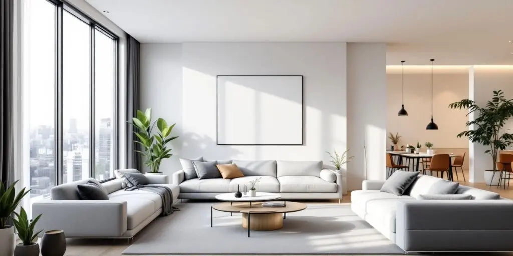 Modern living room with minimalist design and large windows.