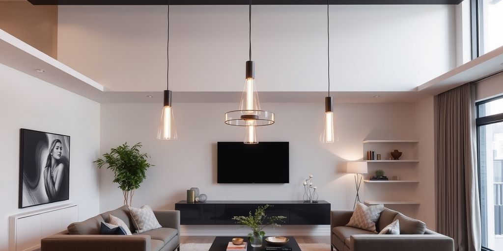 Modern living room with elegant long pendant lights