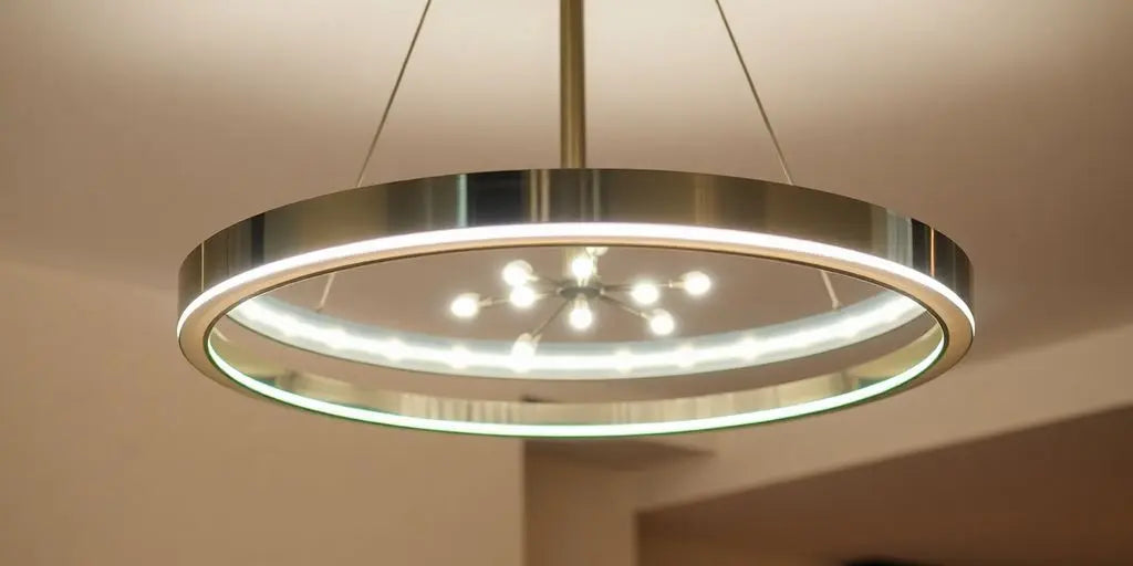 Modern round LED chandelier with sleek design and glow.