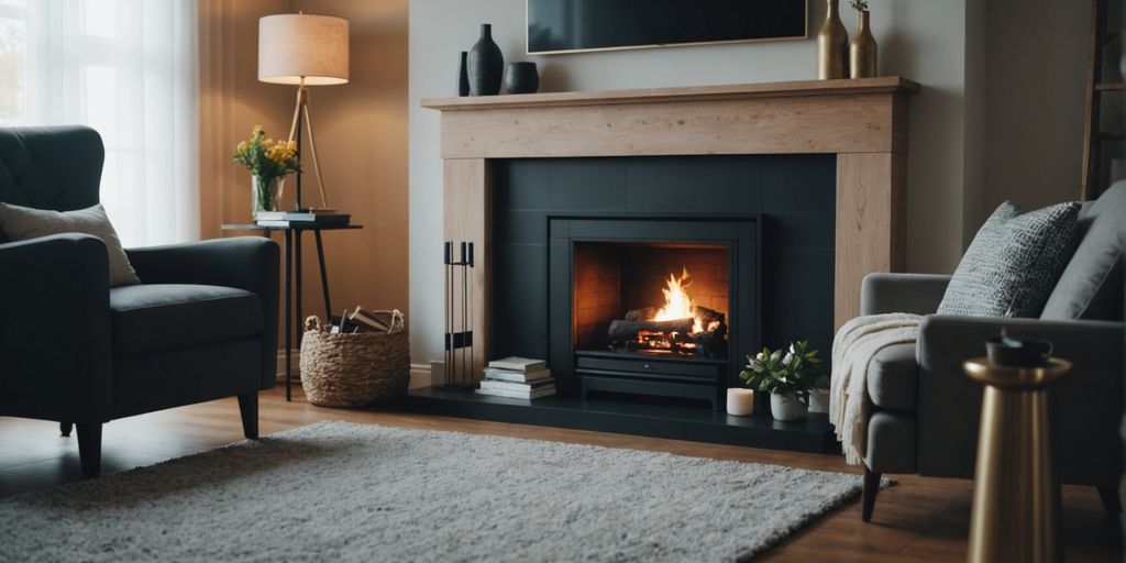 Modern fireplace in a cozy, stylish living room