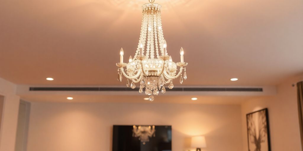 Elegant crystal chandelier in a modern living room.