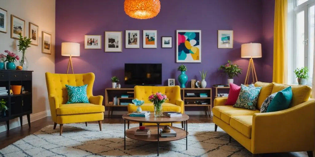 Living room with colorful decor and furniture.