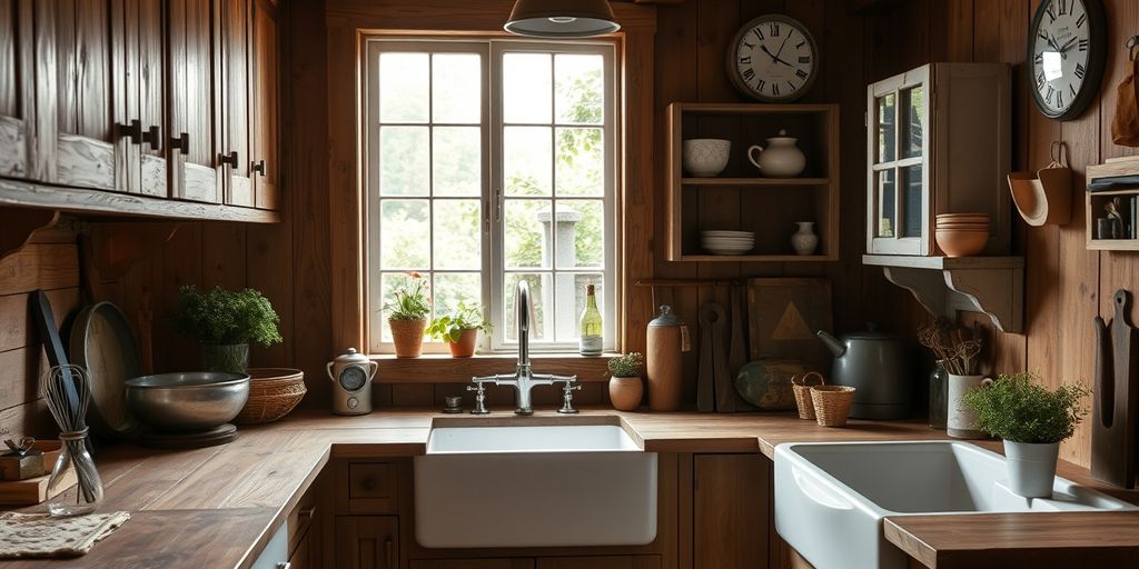 Cozy farmhouse kitchen with rustic wooden cabinets