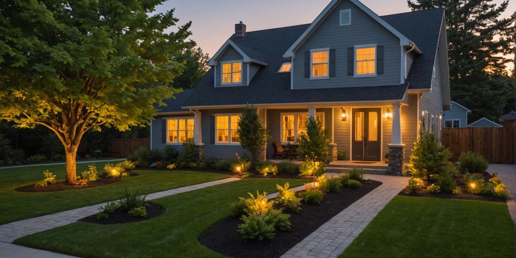 Cozy home with outdoor lighting at dusk