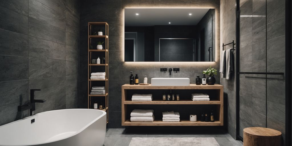 Small bathroom with efficient storage and modern design.