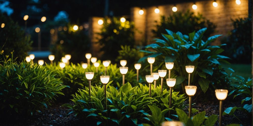 Waterproof LED garden lights glowing in a nighttime garden