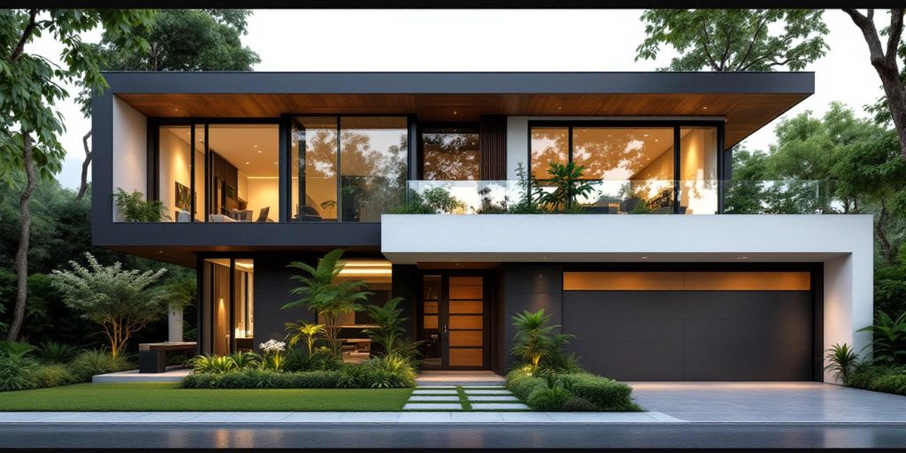 Modern house with sleek design and large windows.