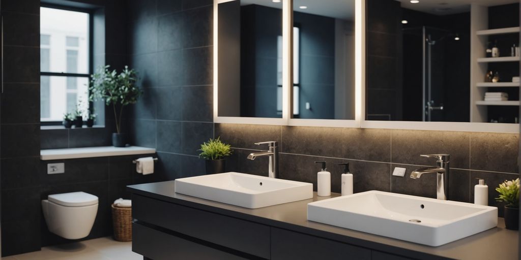 Modern bathroom with sleek fixtures and stylish decor.