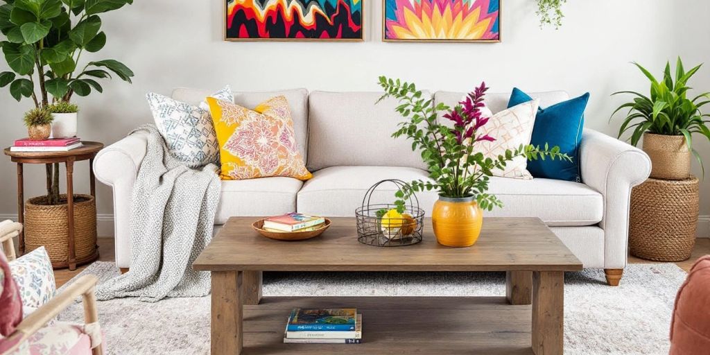 Cozy living room with colorful decor and plants.