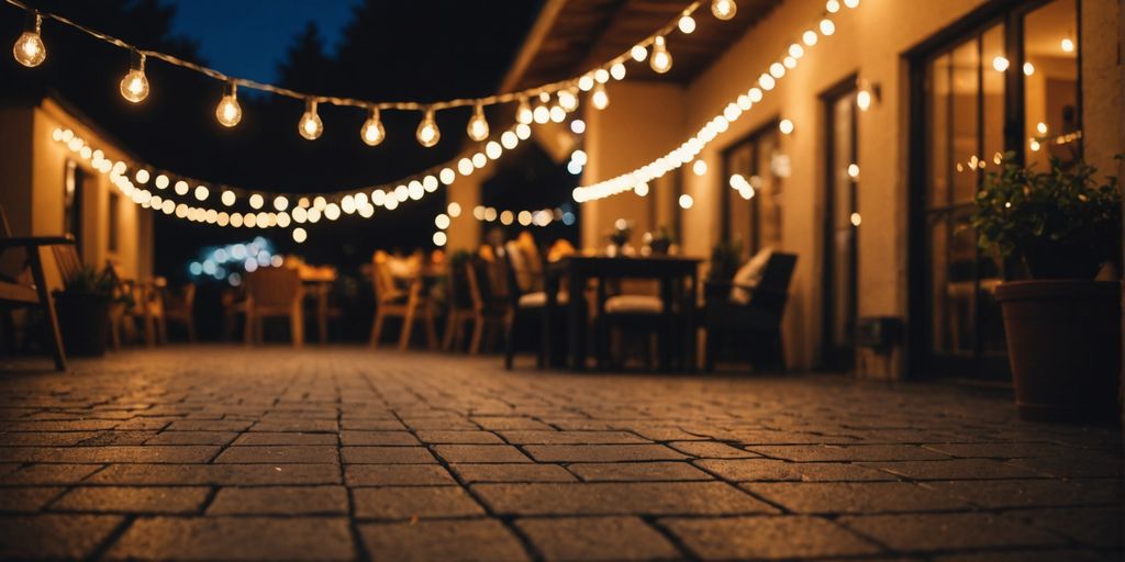 Outdoor patio with waterproof fairy lights at night.