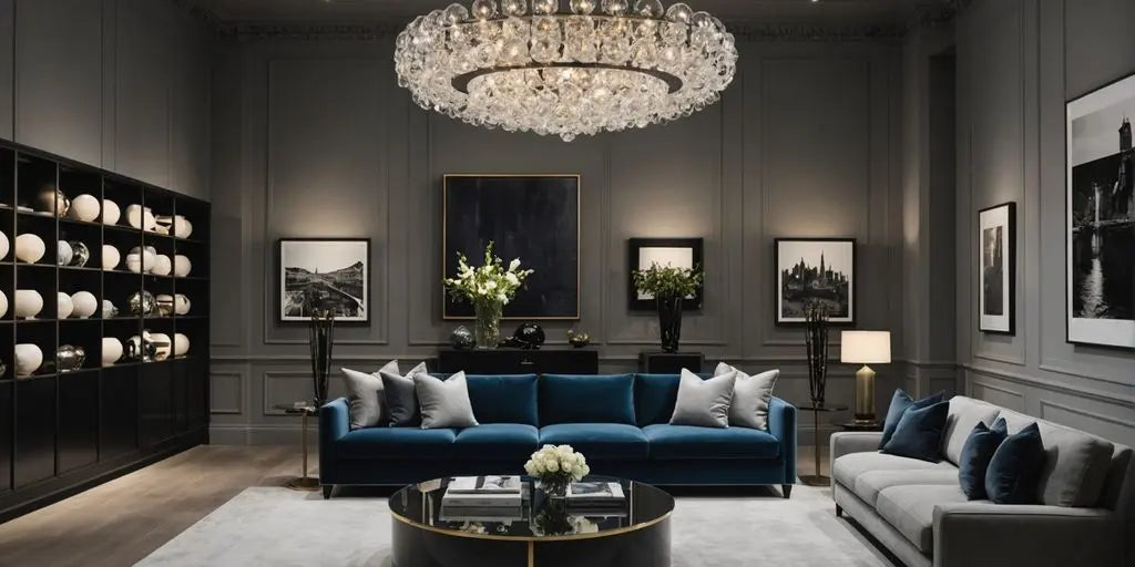 Elegant chandeliers and sleek floor lamps in a showroom.