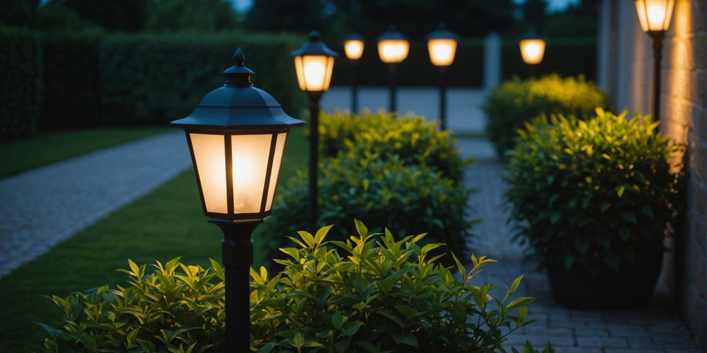 Modern outdoor wall lights illuminating a garden at dusk