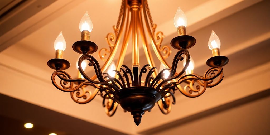 Copper chandelier with intricate design and warm lighting.