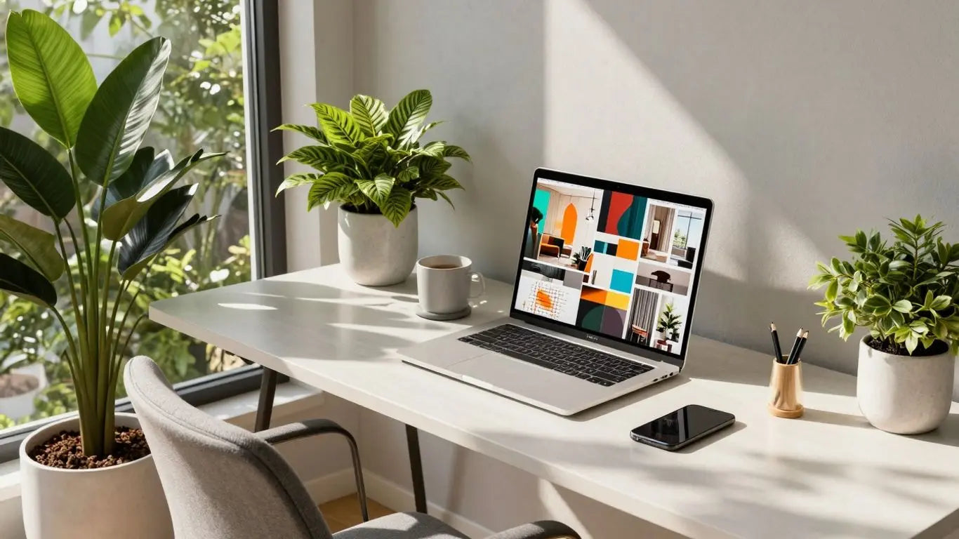 Home office with laptop and interior design mood board.