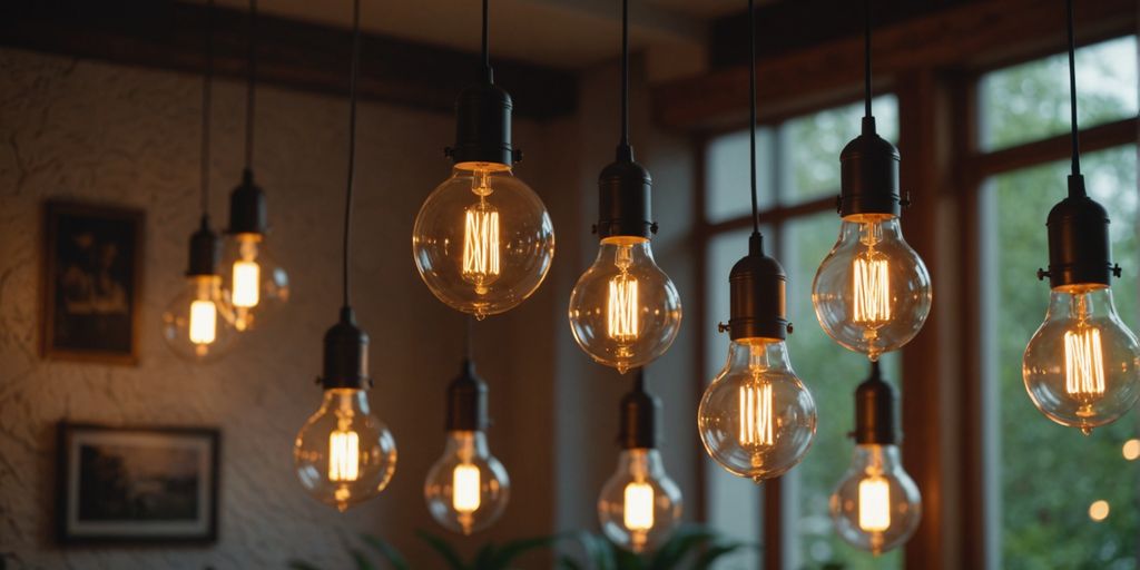 Vintage pendant lights hanging in a stylish, cozy room.