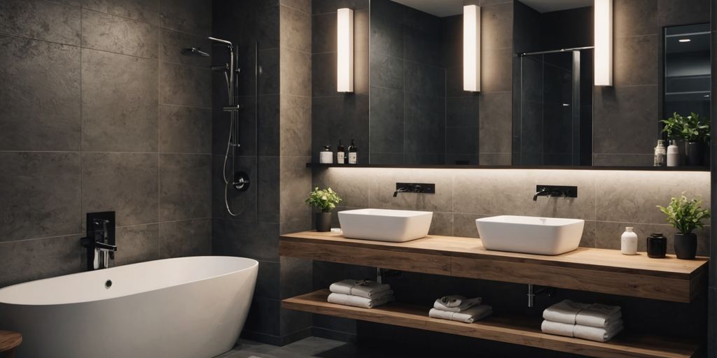 Modern bathroom with minimalist design and stylish fixtures.