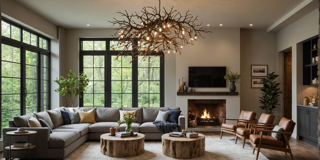 Nature-inspired light fixtures in a cozy living room.