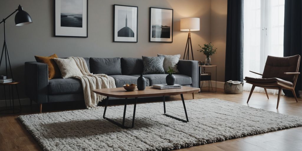 Living room with stylish rug and modern furniture