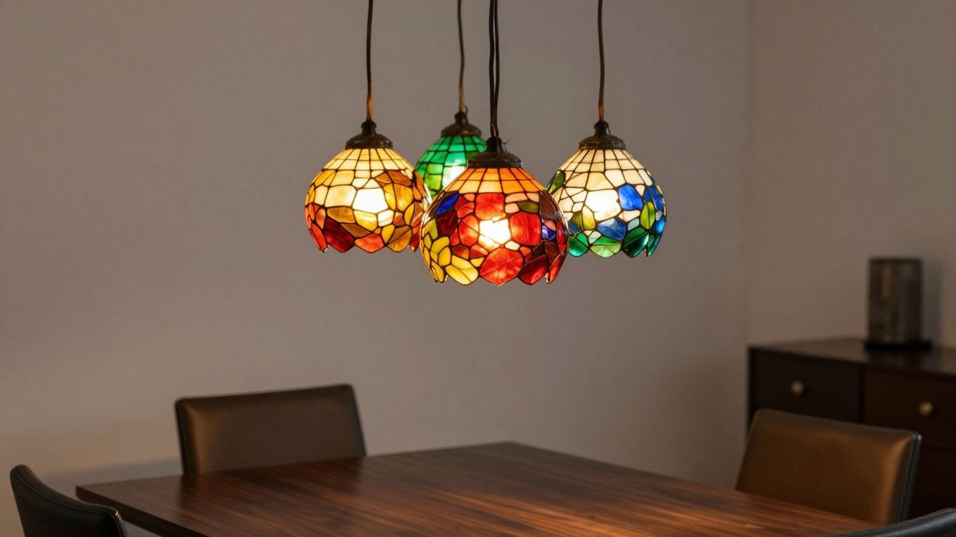 Colorful glass pendant lights illuminating a modern dining table.