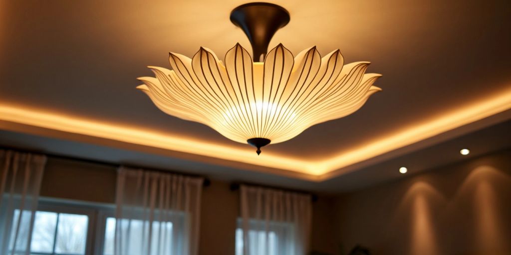 Stylish ceiling lamp illuminating a modern living room.