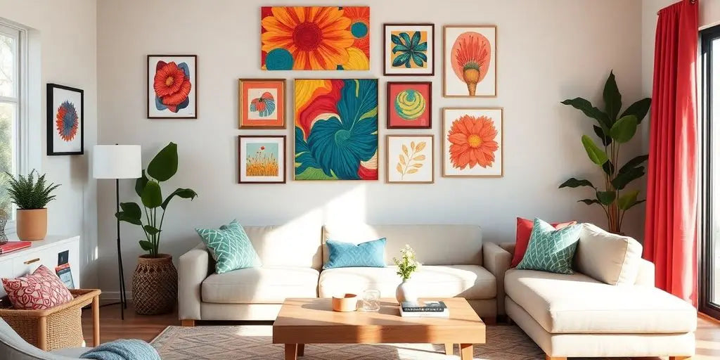 Living room with colorful IKEA wall art on display.