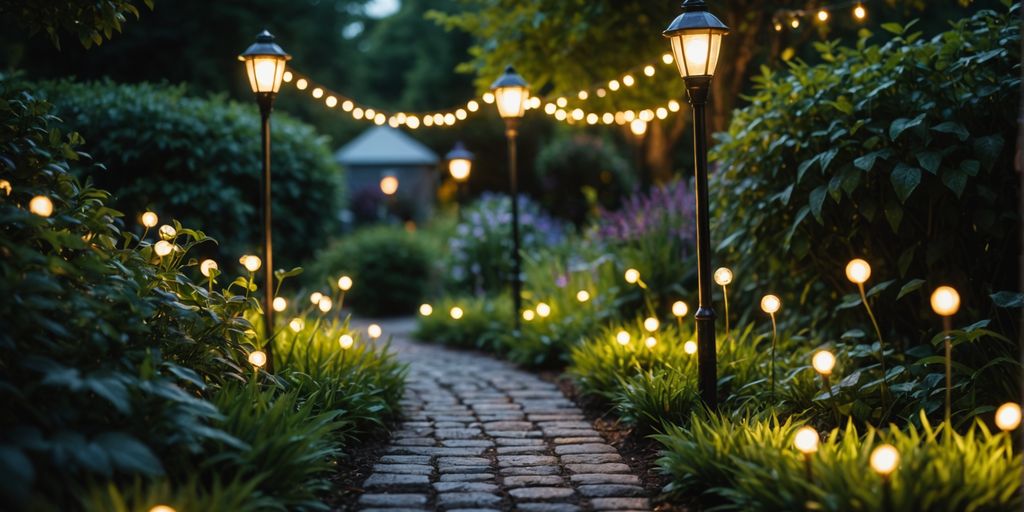 Waterproof LED garden lights on a wet garden path.